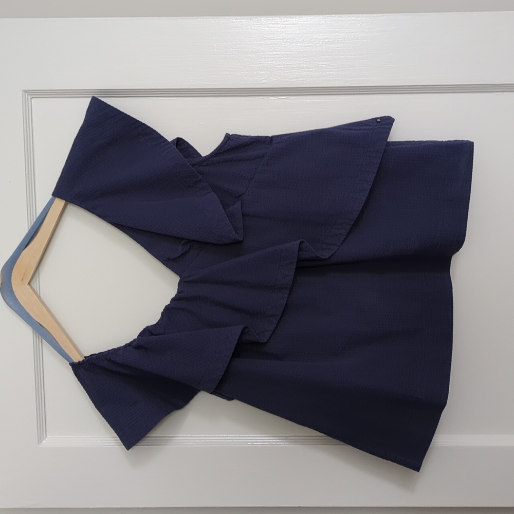 Cuyana Seersucker Flounce Top - Navy - Large